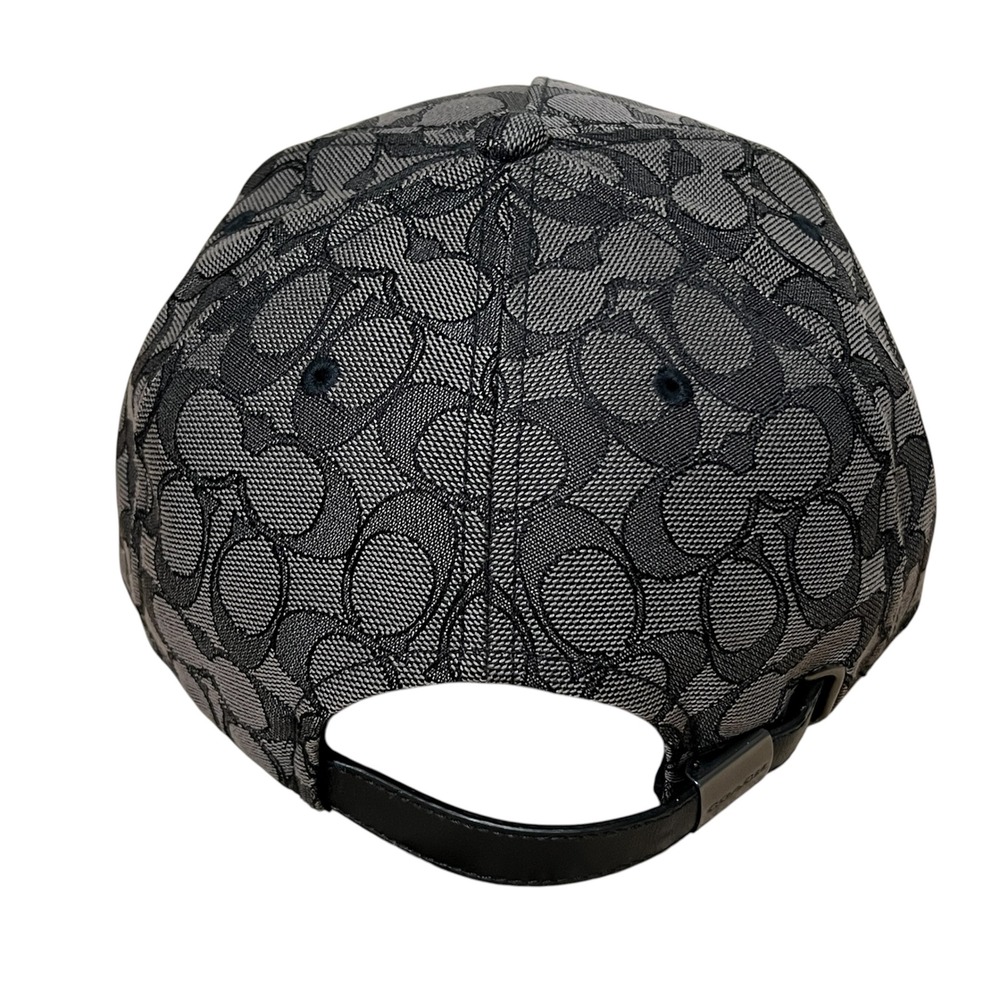Coach Signature Jacquard Flat Brim Baseball Cap Charcoal Black Leather Logo M/L - Picture 5 of 12